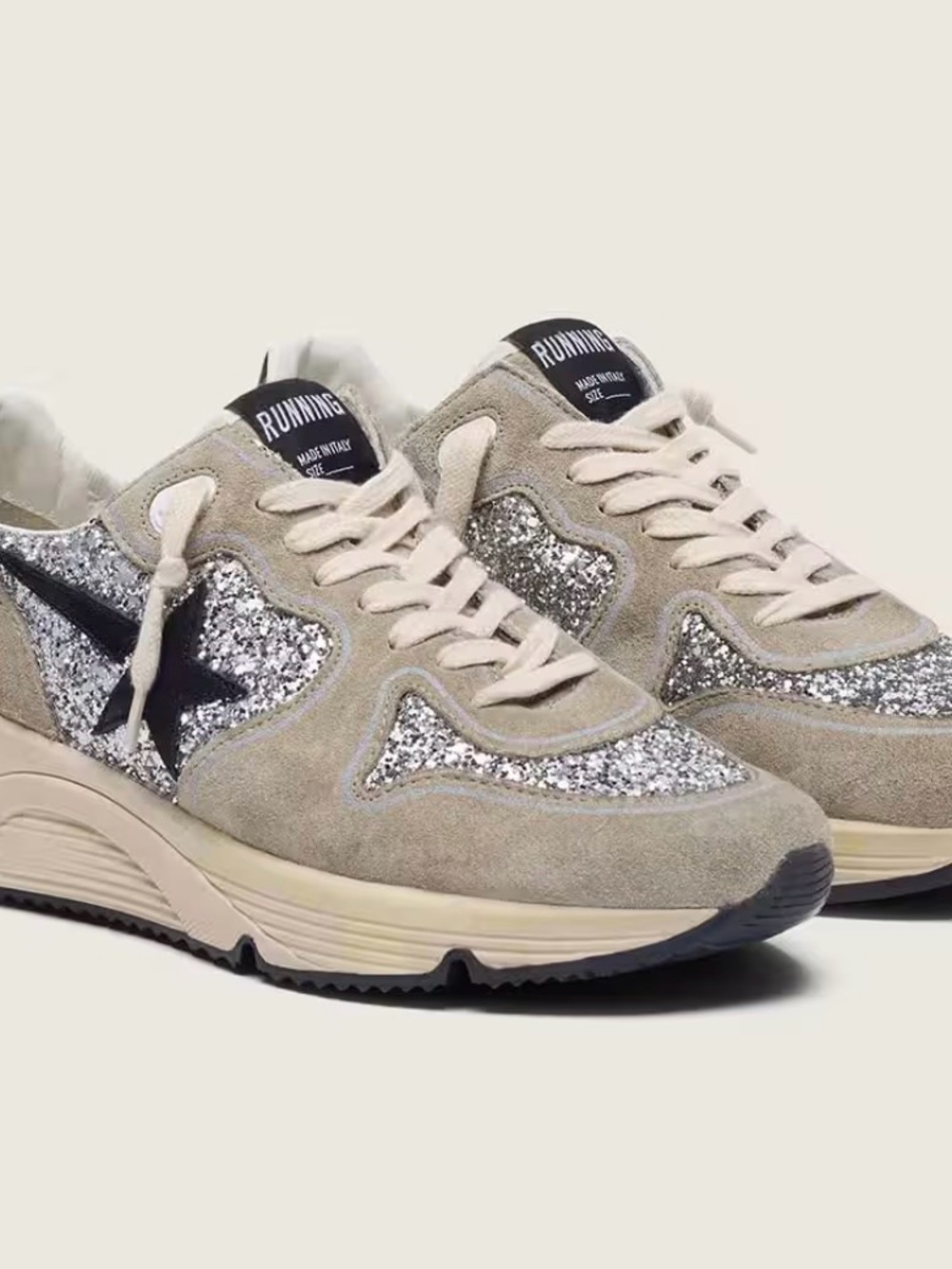 Golden Goose women’s running sole in w Silver Glitter & dove gray w/Black Star